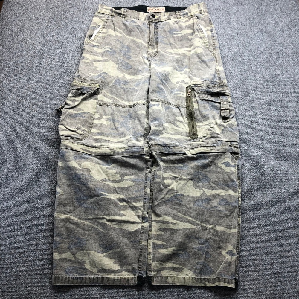 Y2K Baggy Camo Cargo Pants Zip Off Shorts 36x30 Camouflage Utility Pockets